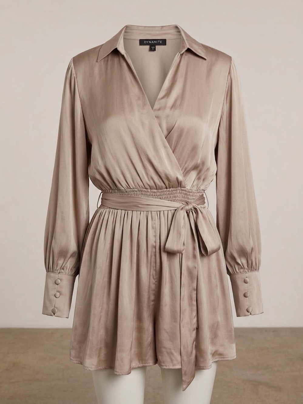 Dynamite Satin Wrap Romper in Dusty Rose Gold
